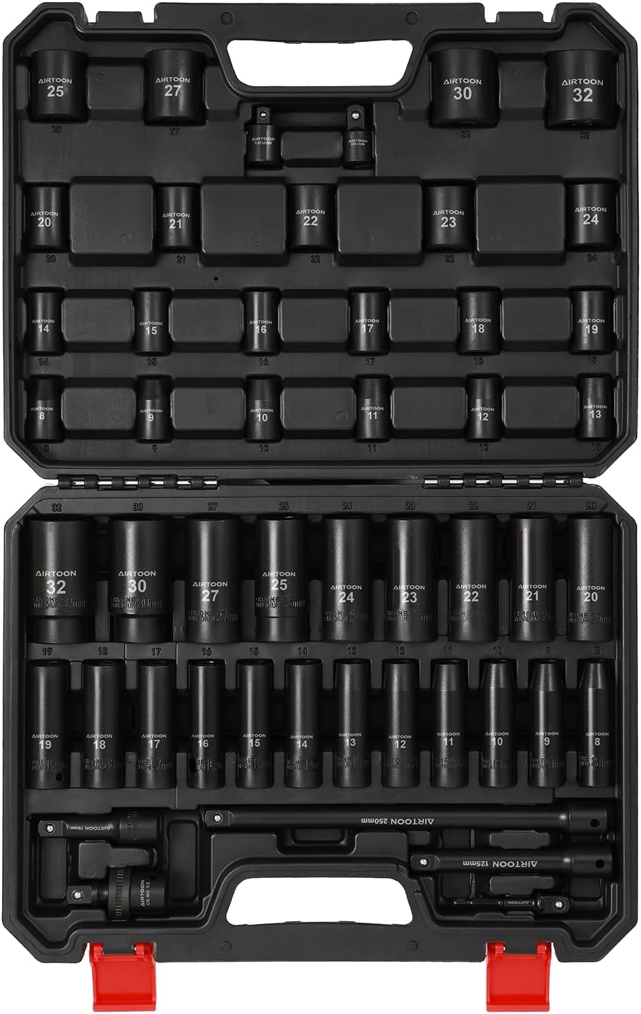 AIRTOON 1/2-Inch Drive Impact Socket Set, 49 Piece Deep & Shallow Metric Socket Set 8mm to 32mm, 6 Point, CR-V Steel for Auto Repair, Easy-to-Read Size Markings, Rugged Construction, Storage Case