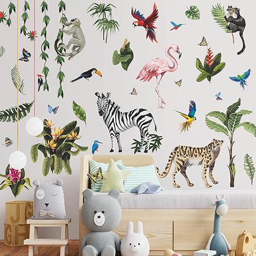 Miniatura 4 de Calcomanías de pared realistas de animales salvajes, plantas verdes, hojas, calcomanías de pared de leopardo, cebra, mono, pájaros, selva, safari,