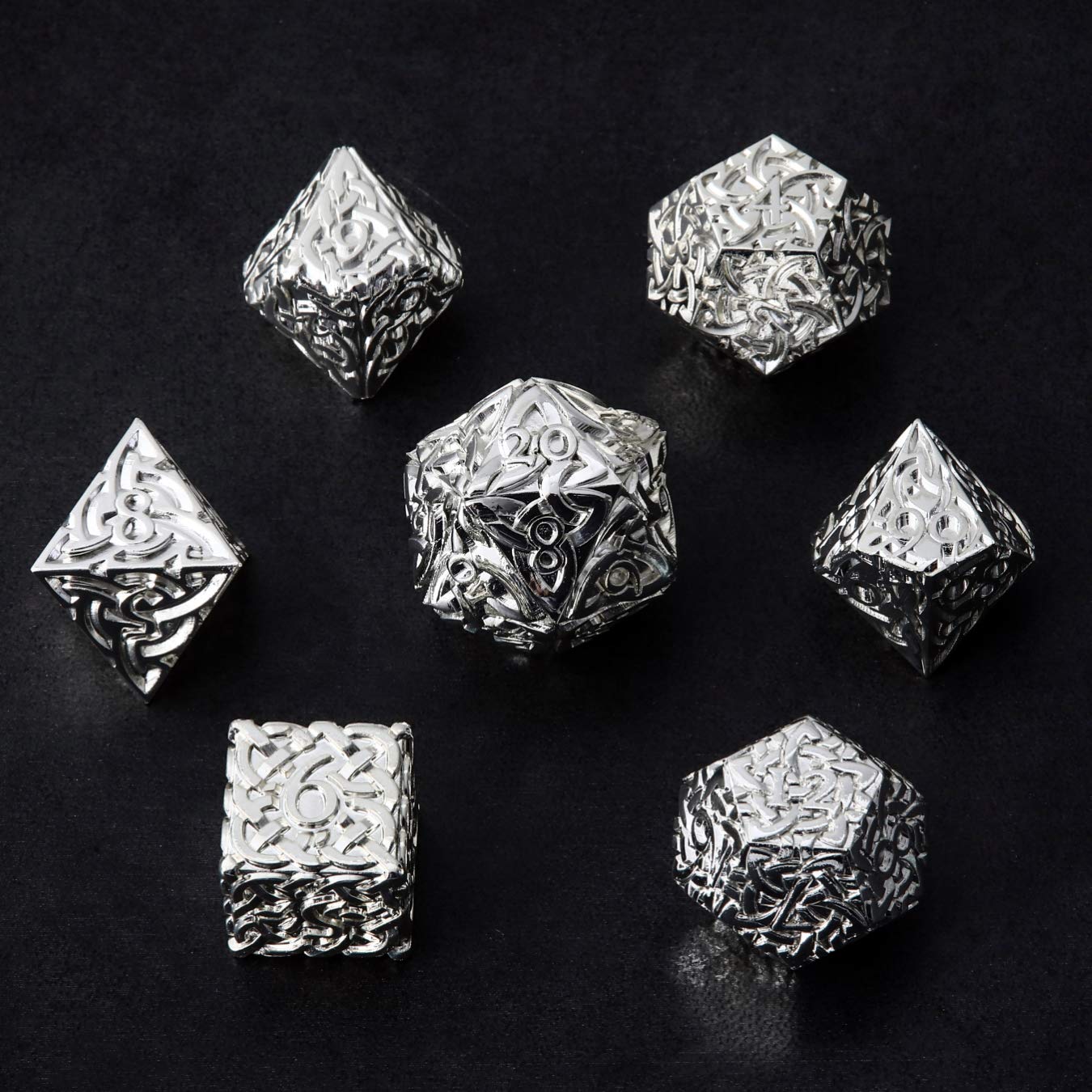 Shiny Silver Endless Light Dice 7 piece Polyhedral Metal Dice Set Celtic Knots Extra Heavy & Large for DnD Dungeons and Dragons Call of Cthulhu Pathfinder RPG Dice Paladin Dice Druid Cleric Dice