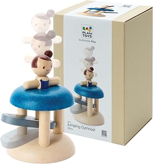 PlanToys Wooden Jumping Gymnast Toy | Montessori Inspired Cause & Effect Toy for Hand Strength, Coordination & Reaction Play | Eco Friendly Push & Pop Learning Toy