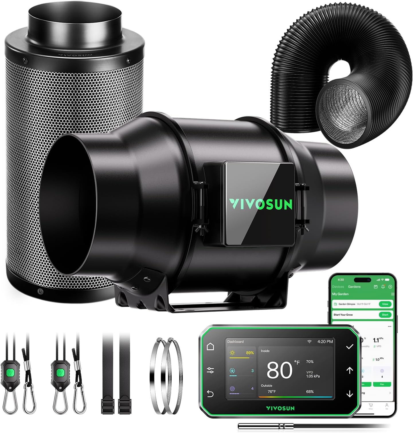 Smart Air Filtration PRO G6 Kit 6", AeroZesh G6 Inline Duct Fan w/GrowHub E42A Temp. Humidity WiFi-Controller, Carbon Filter & Ducting, Cooling & Ventilation System for Grow Tent, Hydroponics