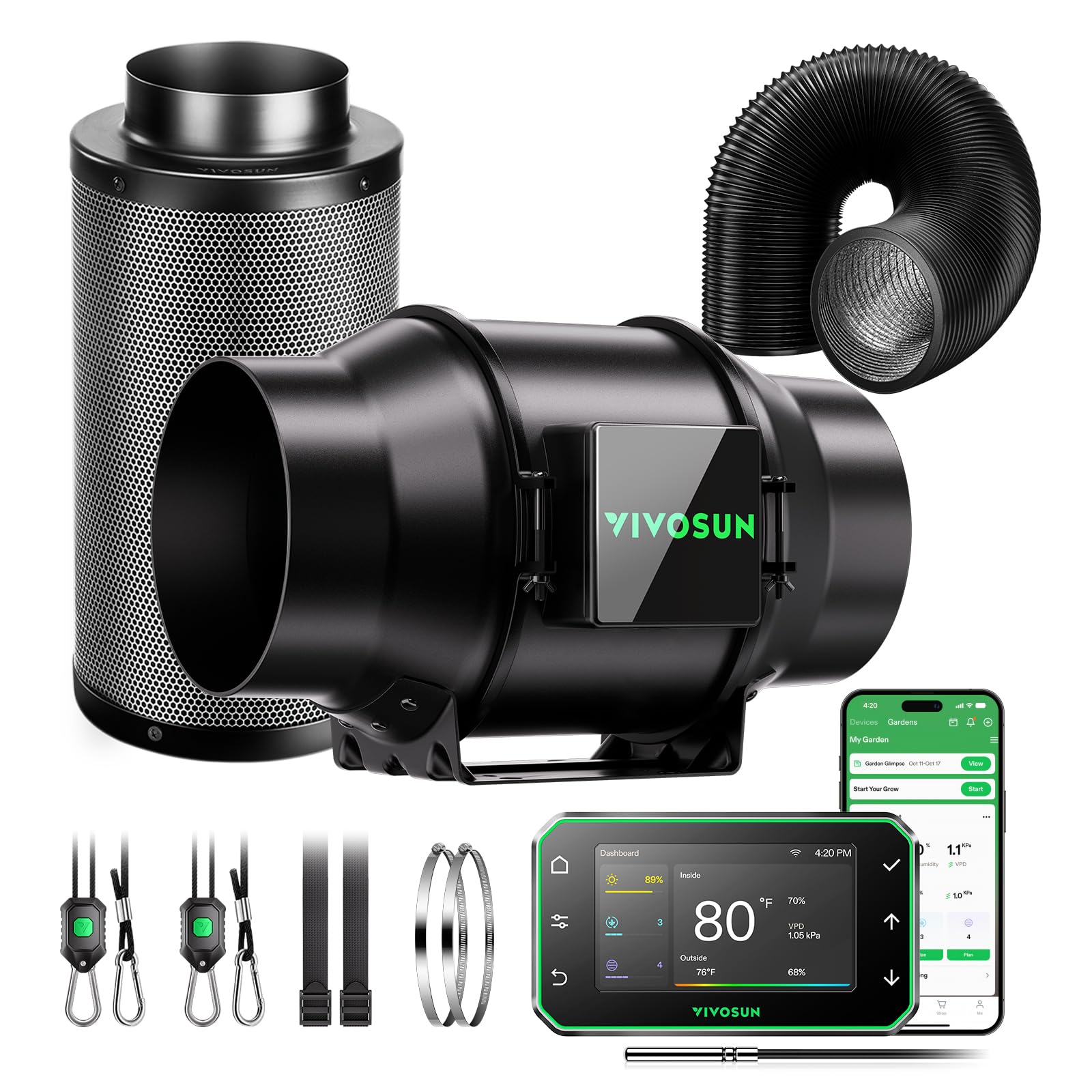 Smart Air Filtration PRO G6 Kit 6", AeroZesh G6 Inline Duct Fan w/GrowHub E42A Temp. Humidity WiFi-Controller, Carbon Filter & Ducting, Cooling & Ventilation System for Grow Tent, Hydroponics