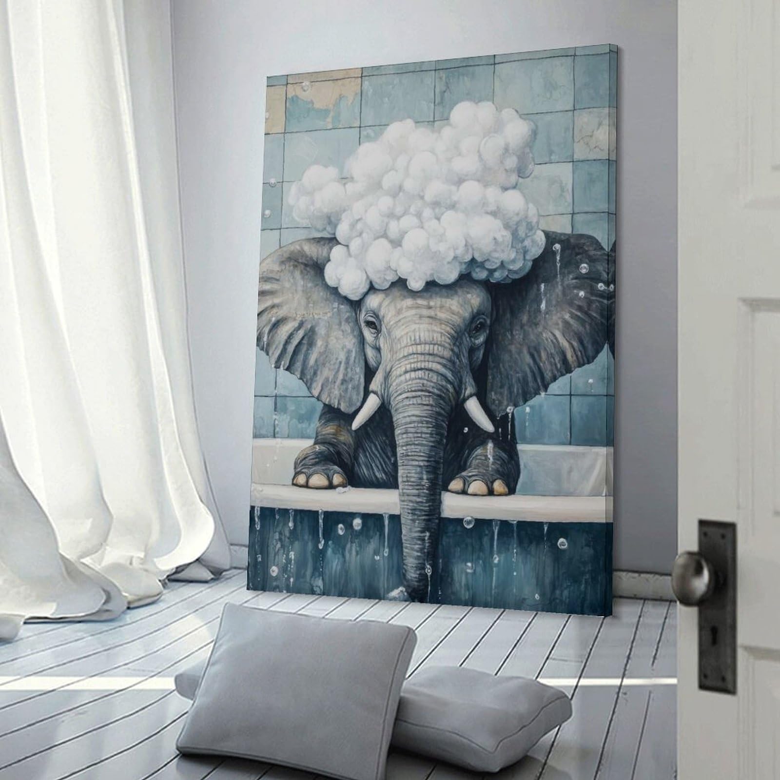 Junmoney Frame-Style-17 Elephant In A Bath Canvas Wall Picture, 08X12inch(20X30cm), For Wall Displays, Bedrooms Or Room Updates, Wall Decor Suited To Curated Displays