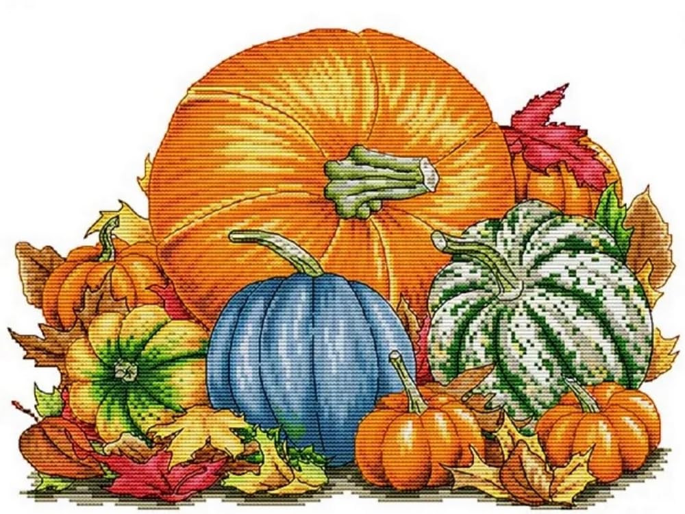 Renqidian Pre Printed Cross Stitch Kits Pumpkin 11CT Stamped Beginners Embroidery Kit for Living Room Bedroom Art Decoration （40x50 cm）