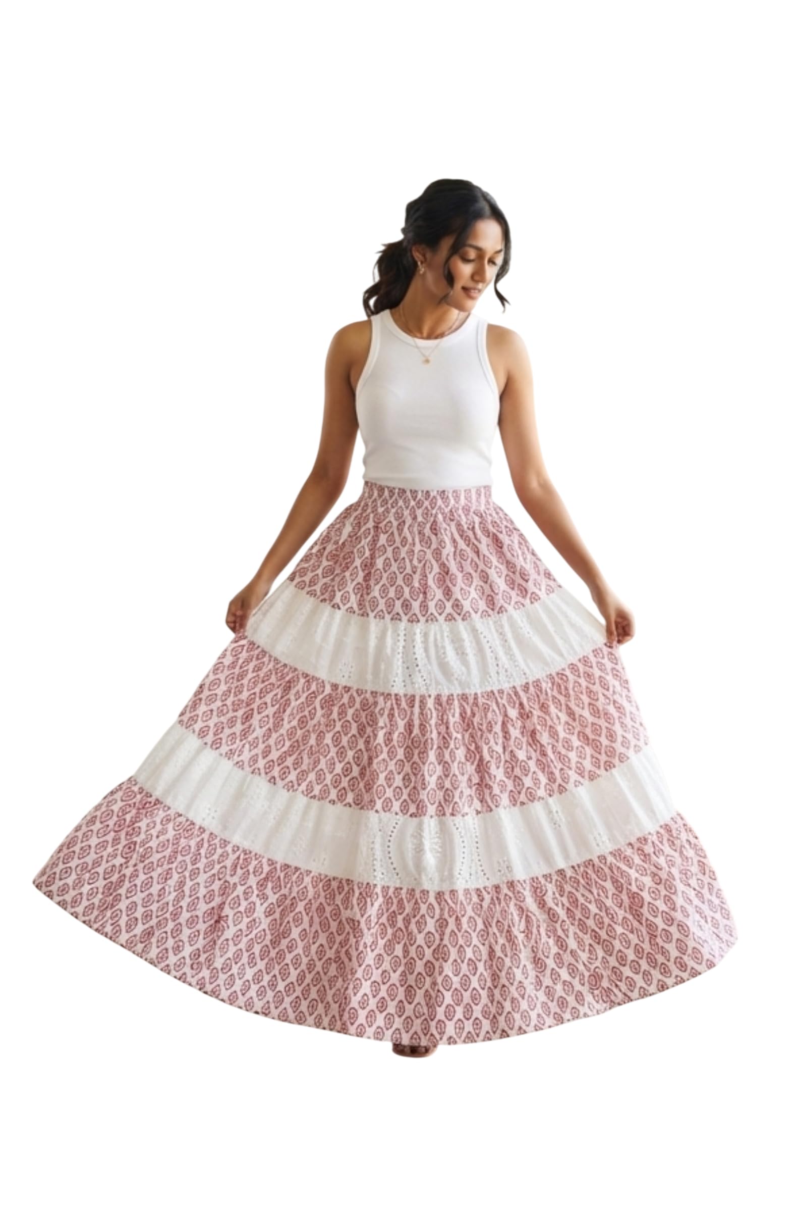 Women's Latest Bohemian Style Maxi Skirt | Small-Scale Teardrop Print | Elasticated Waistband | Relaxed & Casual Aesthetic | (in, Alpha, Fitt to Waist 28" to 34", Dusty Rose)-image-2
