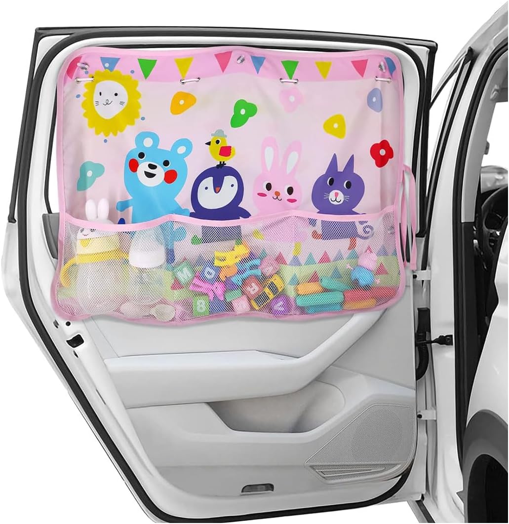 Car Window Shade for Baby, Blackout Car Window Curtain with Storage Pockets & 7 Suction Cups, Cartoon Pattern Cars Side Window Sun Shade Cover for Sun/Heat/UV Rays Protection (Blue-Dinosaurs)