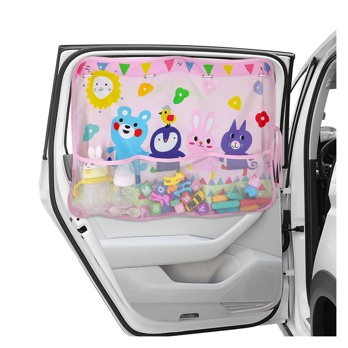 Car Window Shade for Baby, Blackout Car Window Curtain with Storage Pockets & 7 Suction Cups, Cartoon Pattern Cars Side Window Sun Shade Cover for Sun