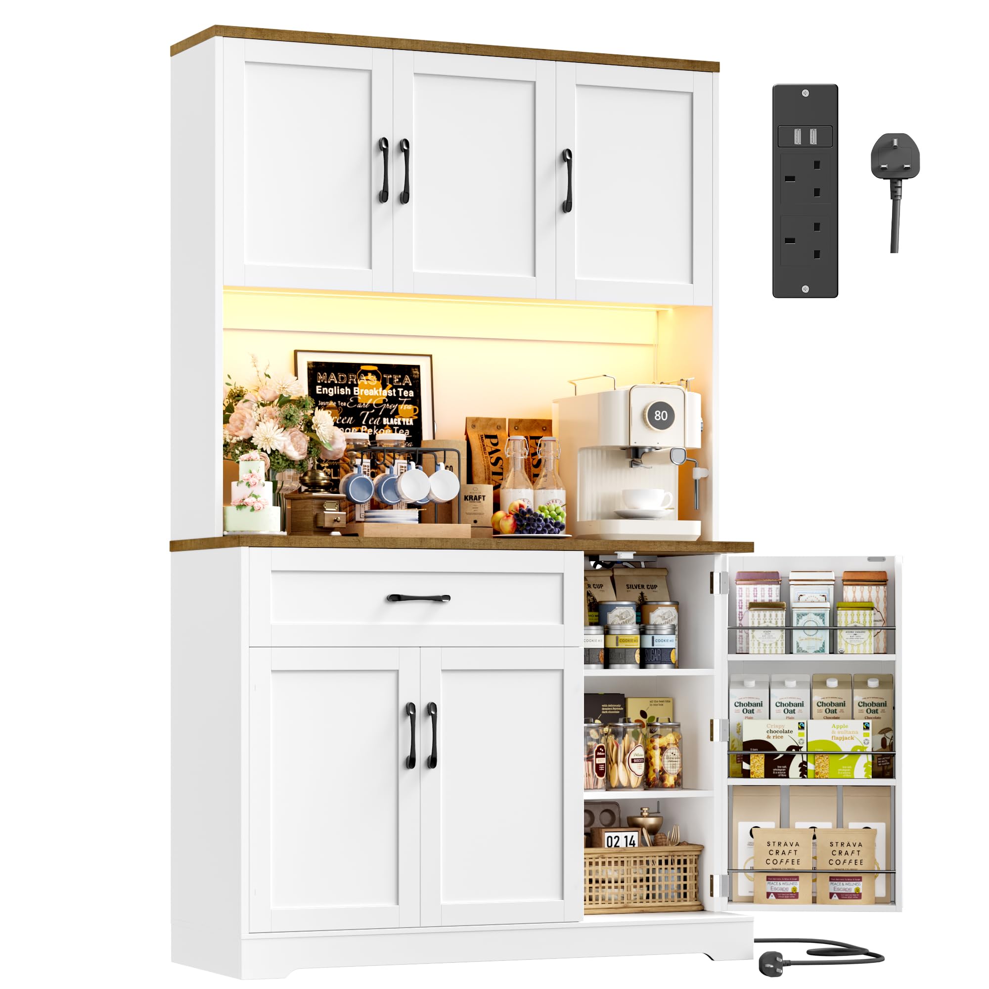 FirFurd Kitchen Cupboard Tall Kitchen Cabinets with LED & Power Outlet