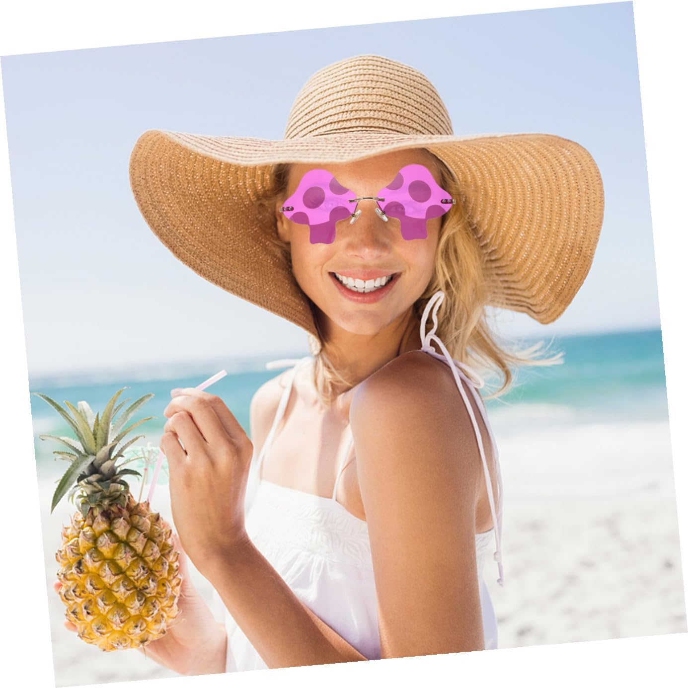 Unomor Mushroom Shaped Rimless Party Sunglasses for Women, Gold Frame Purple Red Trendy 90s Disco Beach Eyewear for Summer Hawaiian Events