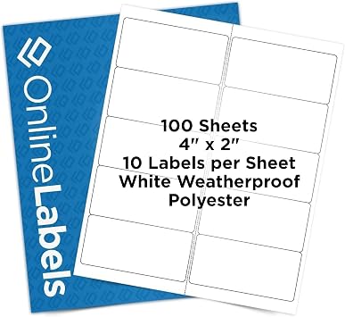 OnlineLabels 4" x 2" Rect. Labels - Weatherproof Polyester - 100 Sheets | Permanent Adhesive, Blank Rectangle Labels, Laser Compatible, Ideal for Deodorant, Address, Tea Labels