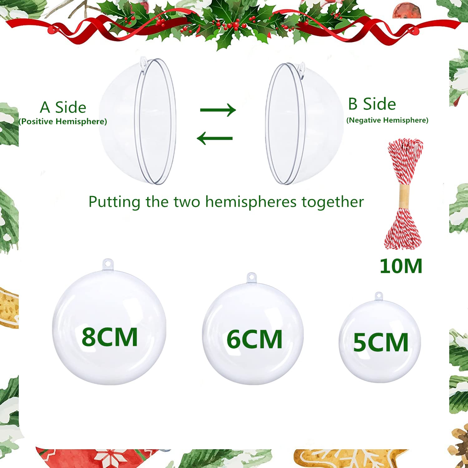 Bolas de Navidad Transparentes de Plástico 8cm, 20 Piezas con Cordón de 10M, Rellenables DIY para Decoración