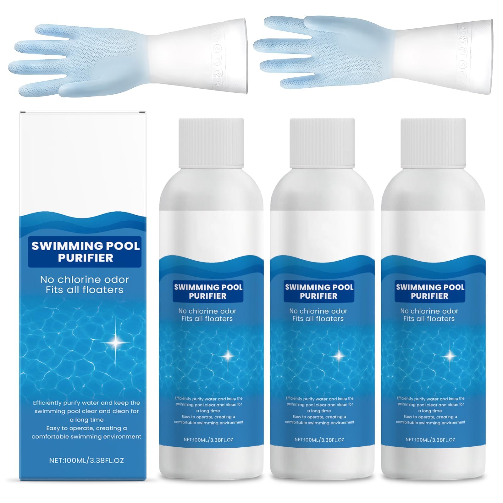 3PCS Swimming Pool Purifier, Sanftes Poolklar, Trübungsentferner Für Kristallklares Wasser, Wasserwechsel-Intervall Verlängern, Für Pools,Planschbecken,Etc, Mit Handschuhe(100ml)