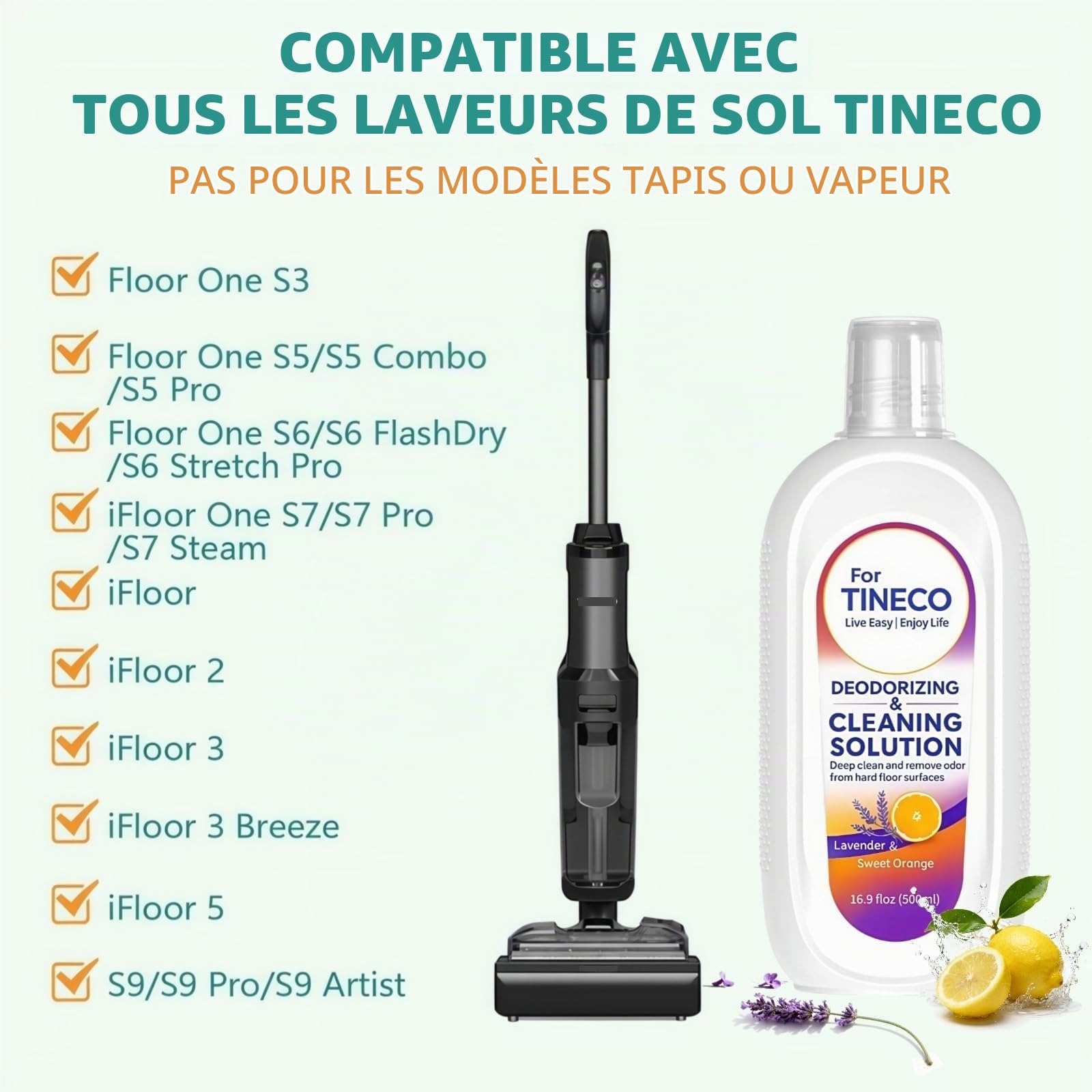 Solution Nettoyante Pour Sols, Lot De Trois Bouteilles De 500 Ml De Liquide Parfumé À La Lavande Et À L'orange Douce, Compatible Avec Tineco IFloor/Floor One S3/S5/Combo/S6/S7 Pro/Breeze