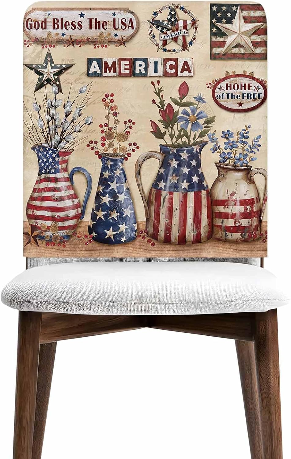 Chair Back Covers Set of 4,4th of July Star and Stripe Flower Removable Washable Chair Slipcover,Retro Farm Vase Wooden Plank Chairs Protector Cover for Kitchen Dining Room Holiday Party Decor