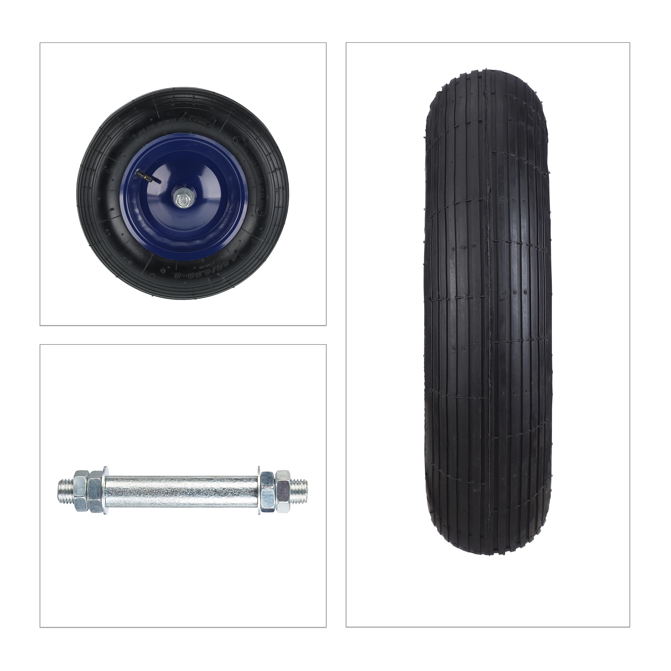 Relaxdays Rueda Carretilla 4.80 4.00-8, Rueda Neumática de Recambio, Llanta Acero, con Eje, hasta 120 kg, Negro y Azul
