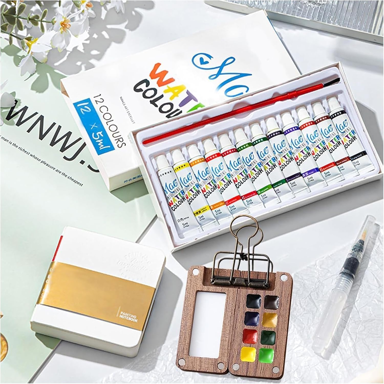Mini-Aquarell-Set Zum Mitnehmen – Palette, Skizzenbuch, 6 Pinsel & Tasche, 6x6 Cm, Perfekt Für Unterwegs (lila Blumen-Design)