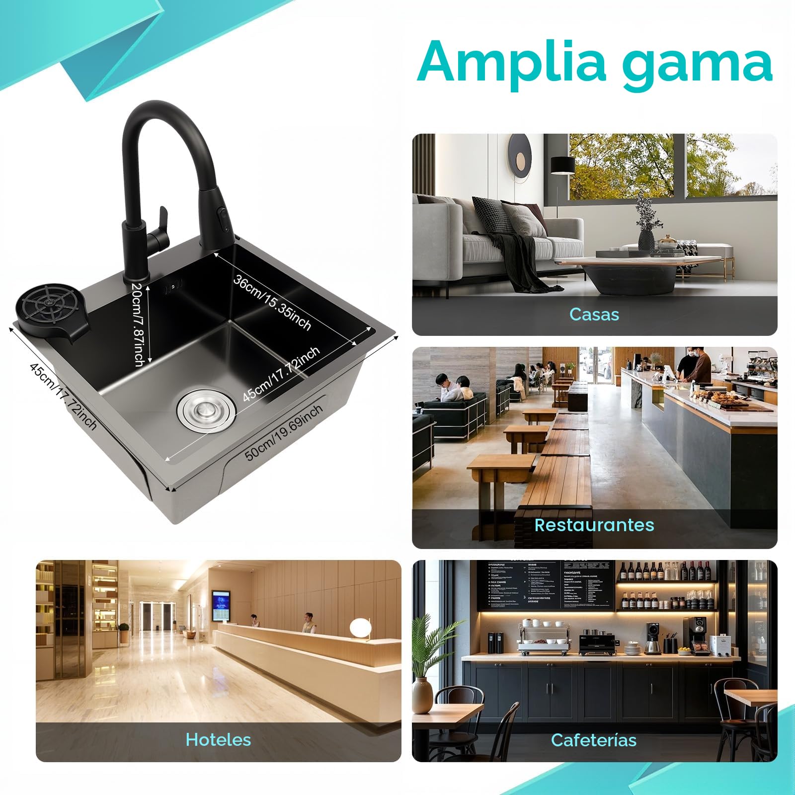 Fregadero de acero inoxidable de 50 x 45 cm, color negro, con grifo extraíble y lavavajillas para tazas, fregadero de cocina multifuncional, 1 lavabo, incluye tubo de drenaje, dispensador de jabón
