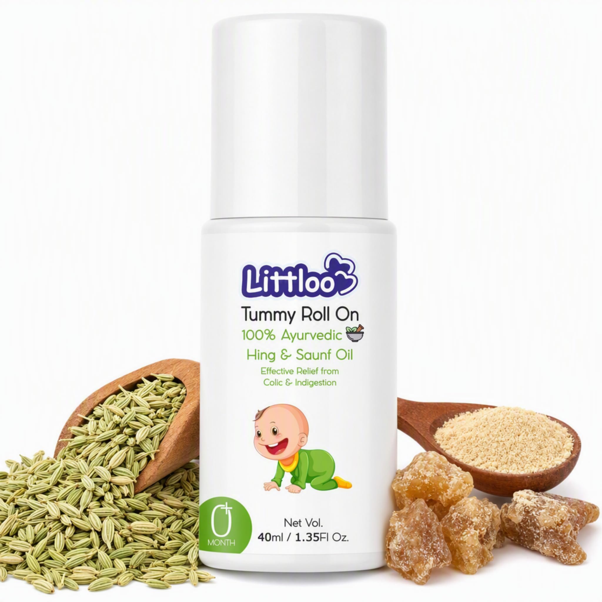 Littloo Baby Tummy Roll On β Hing & Saunf Ayurvedic Belly β 40 ml β Colic Relief Roll On β Tummy Comfort for Gas, Colic & Digestion Support β Infant Belly Massage