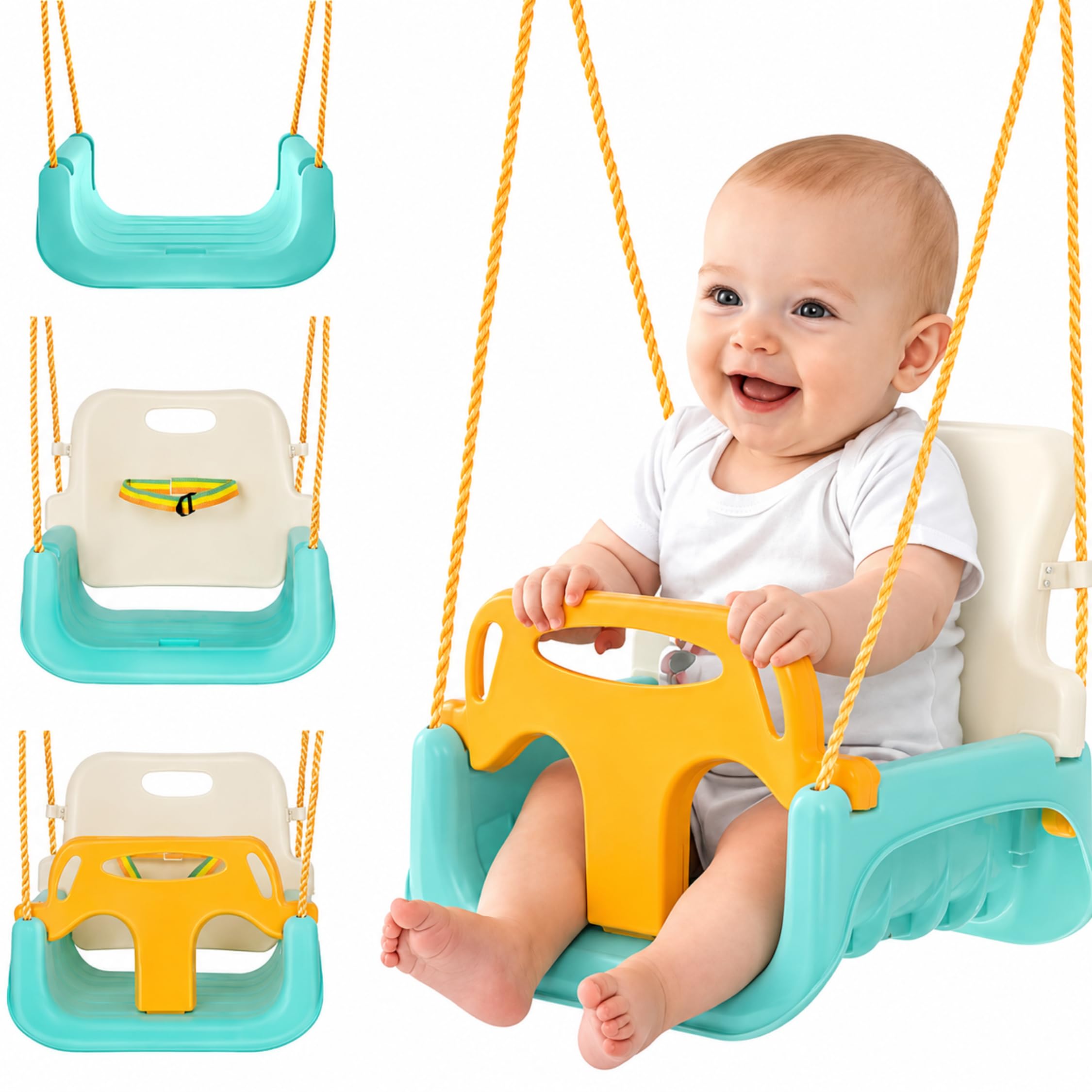Columpio infantil 3 en 1 para empezar, con cuerdas, 0 – 6 años, columpio para bebé, para interior y exterior, altura regulable hasta 30 kg, color turquesa, crema y amarillo