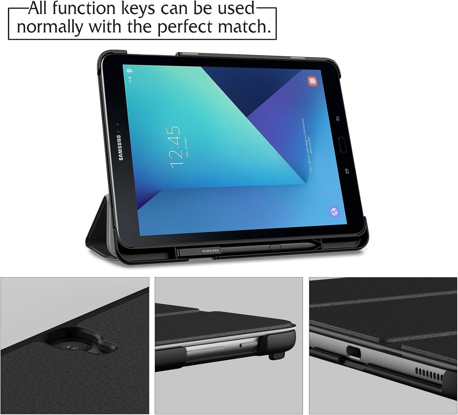 INFILAND Samsung Galaxy Tab S3 9.7 Case, Slim Tri-Fold Shell Cover with S Pen Protective Holder for Galaxy Tab S3 9.7-Inch Tablet SM-T820/ T825/ T827 2017 Release Auto Wake/Sleep, Black