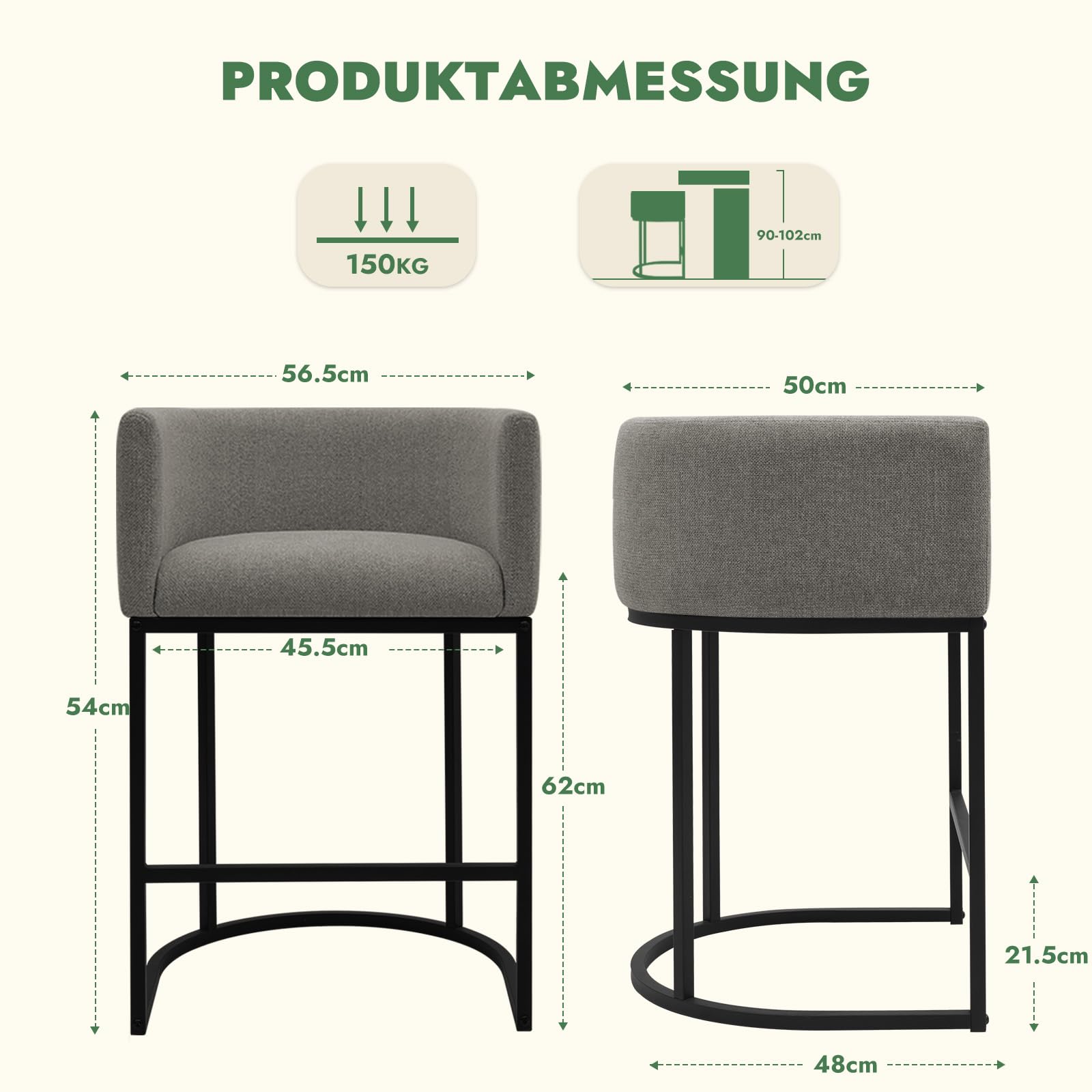 Barhocker 2er Set, Thekenhöhe Barhocker mit 62 cm hoch, Stoffbezogene Barstühle mit Leinenbezug, Küchenhocker mit Metallbeinen und Fußstütze, Tresenhocker für Küche, Esszimmer, Grau