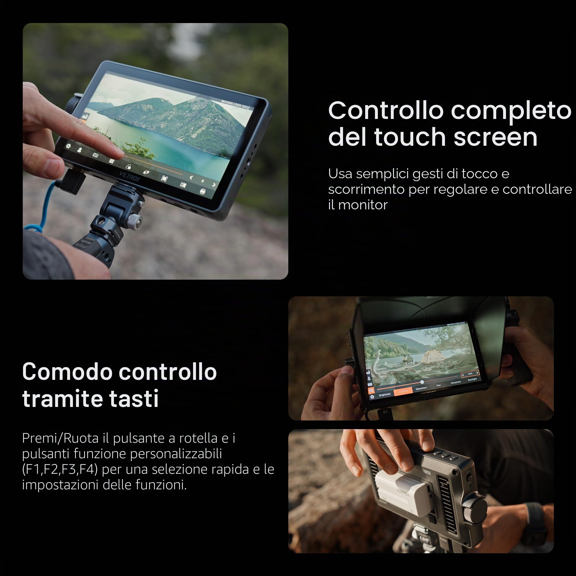 VILTROX DC-A1 2800 Nits Camera Field Monitor Touchscreen con 7 pollici Full HD 1920x1080 IPS 4K HDMI Loop in/Out, LUT 3D Forma d'onda Video Peaking Focus Assist, 170 ° Ampio Angolo di Visione