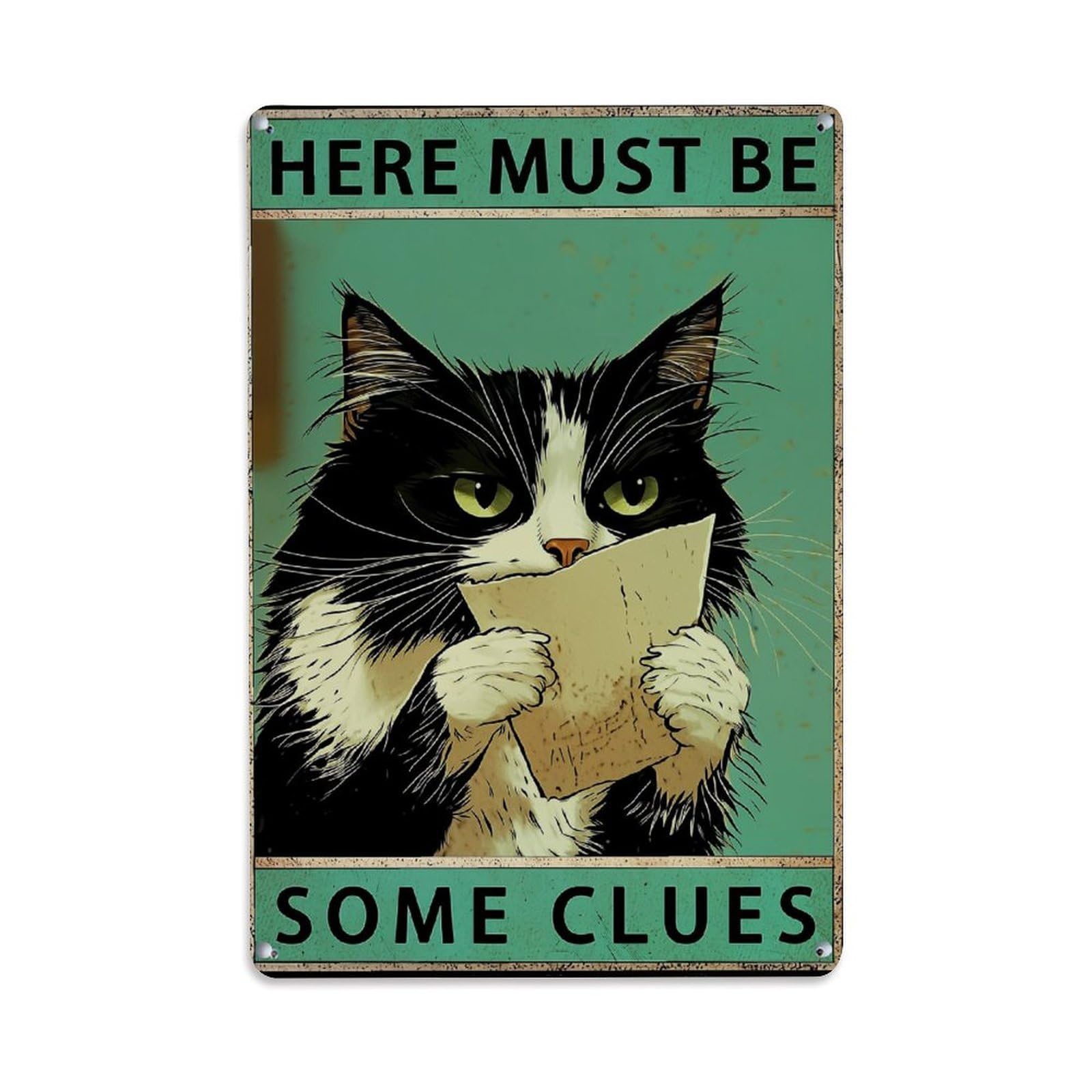 Jdfenggu Vintage Cat Holding Paper Clues Poster Retro Metal Tin Sign, Metal Poster For Bar, Home, Man Cave, Kitchen, Laundry Room Art Decor 8X12 Inch