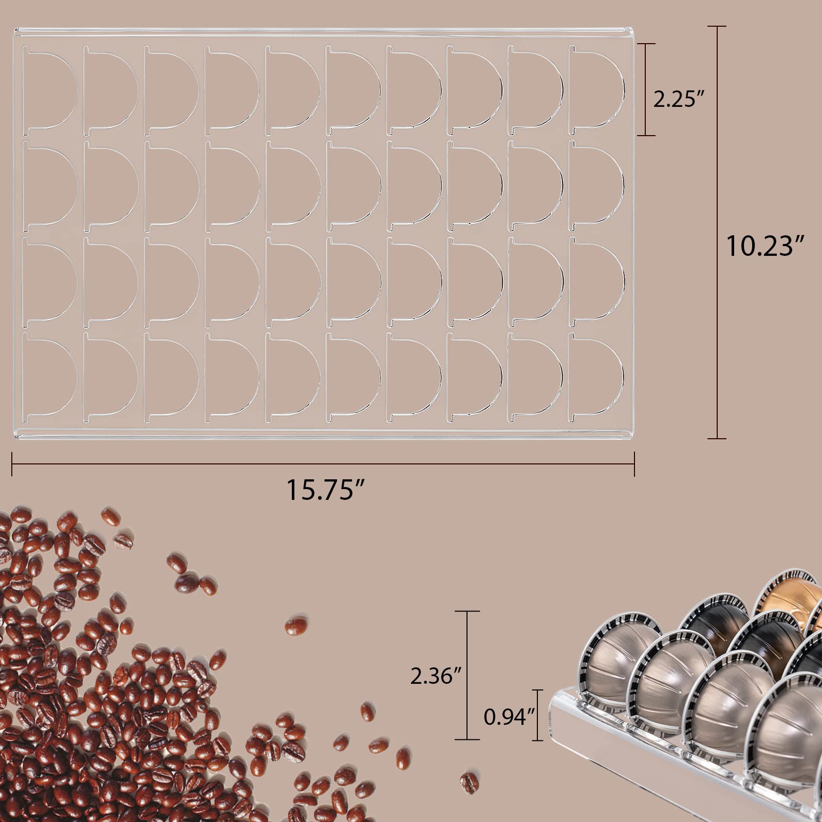 SUMERFLOS Bandeja de almacenamiento para cápsulas de café de 15.75 pulgadas de largo x 10.23 pulgadas de ancho, compatible con cápsulas Vertuoline, organizador de inserción de cajón con capacidad para