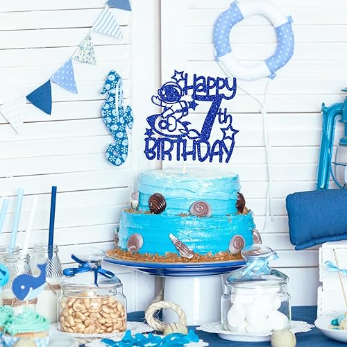 Miniatura 3 de Space Happy 7th Birthday - Decoración para tartas de 7 años, decoración de fiesta de cumpleaños temática de astronautas para niños y niñas