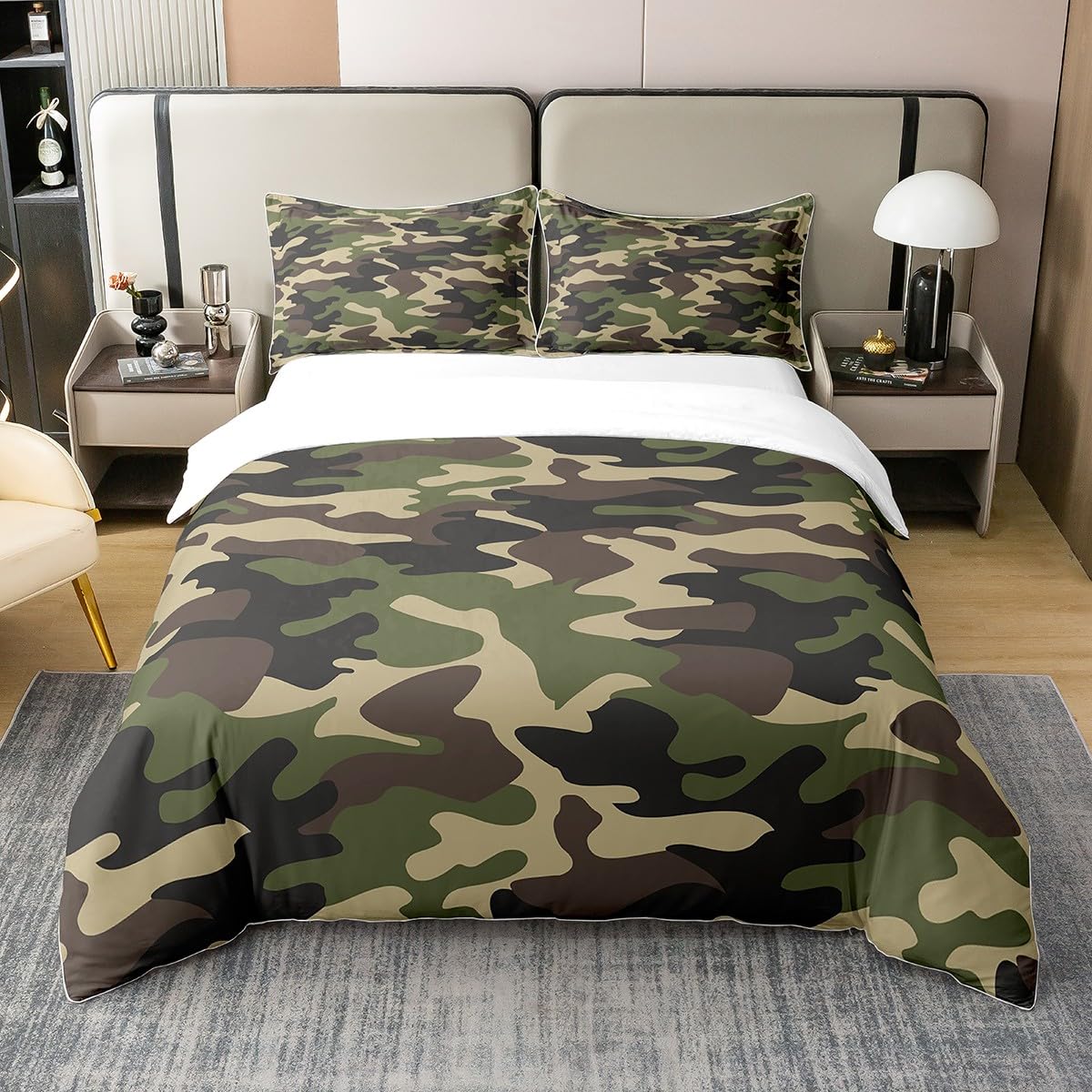 Loussiesd Camouflage 100% Cotton Duvet Cover Camo Bedding Set Set Military Style Rugs for Living Room Camouflage Print Green Brown Comforter Cover Set Bedspread Cover Double Size