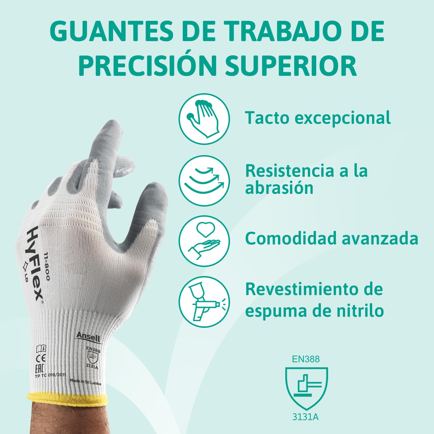 Ansell HyFlex 11-800 Guantes de Trabajo Profesionales, Revestimiento de Nitrilo Antideslizante y Transpirable, Protección Mecánica Multiusos, Seguridad Industrial, Blanco, Talla XL (12 Pares)