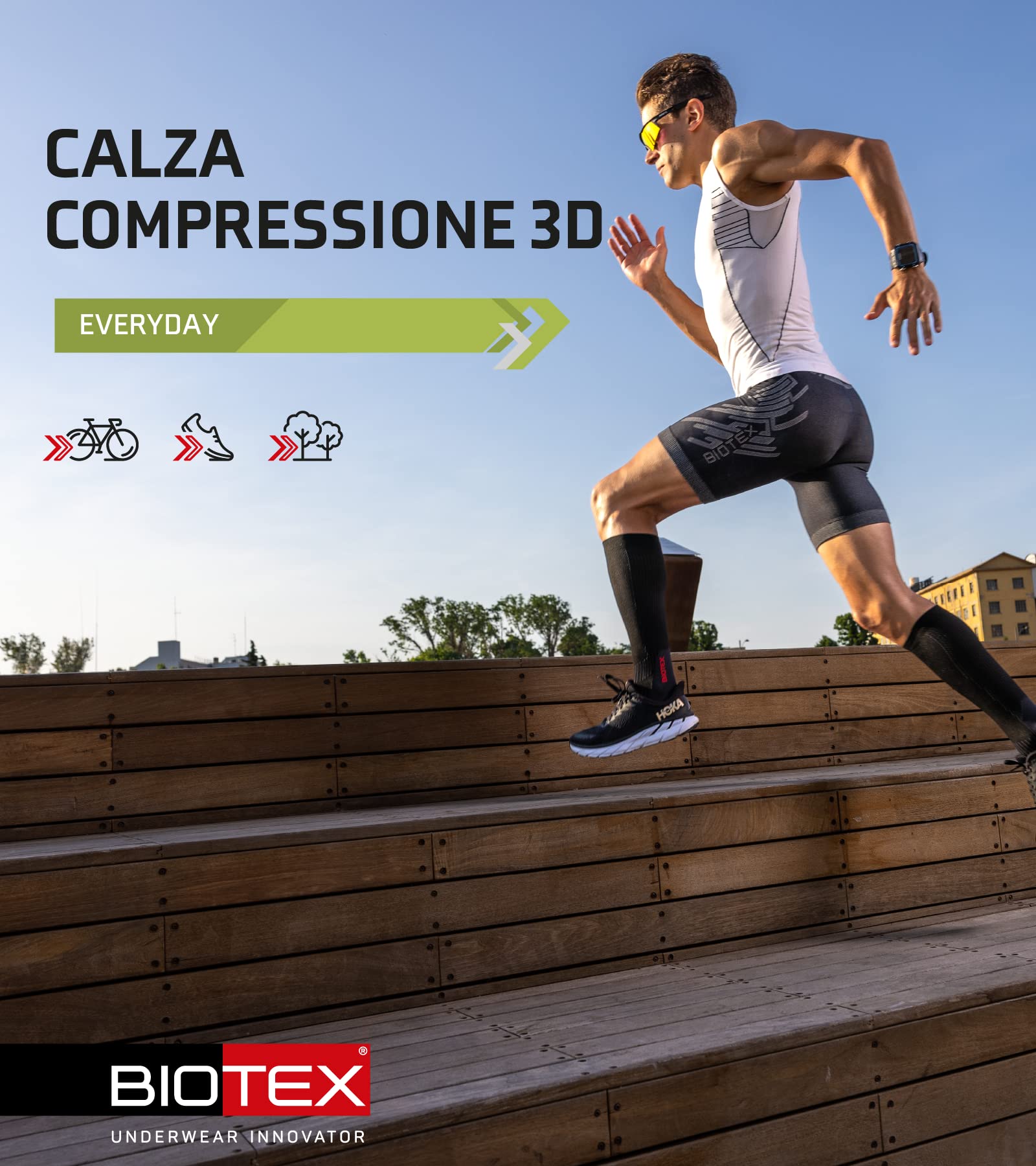 BIOTEX Calza a Compressione 3D Unisex per Ciclismo e Running, Calza Lunga Traspirante, Intimo Tecnico Sportivo