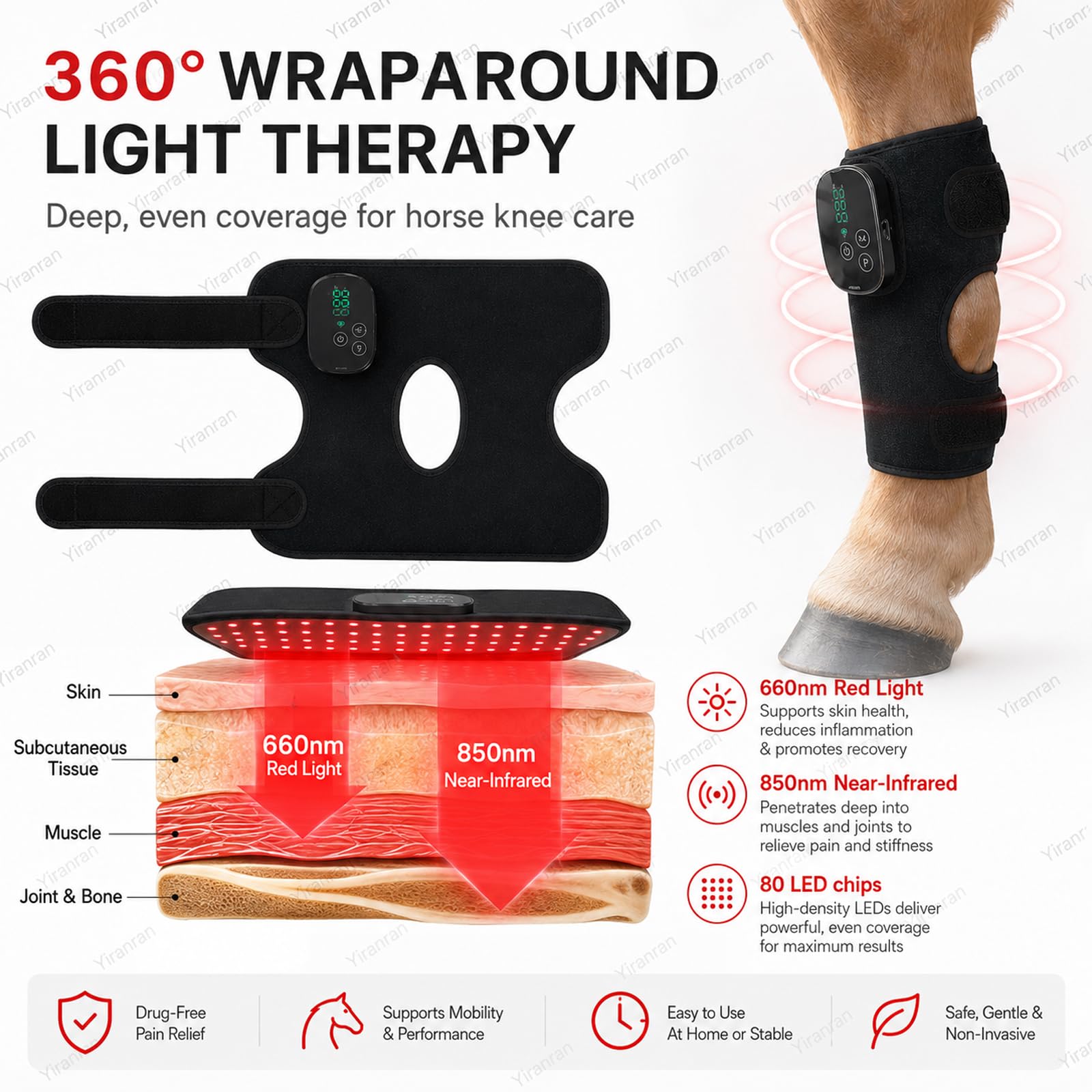 Terapia De Luz Roja Para Rodilla Y Pierna De Caballos, Envoltura De Luz Roja De 660 Nm E Infrarroja De 850 Nm, Correas Ajustables, 3 Niveles De Potencia Y Temporizador De 5 A 45 Minutos,