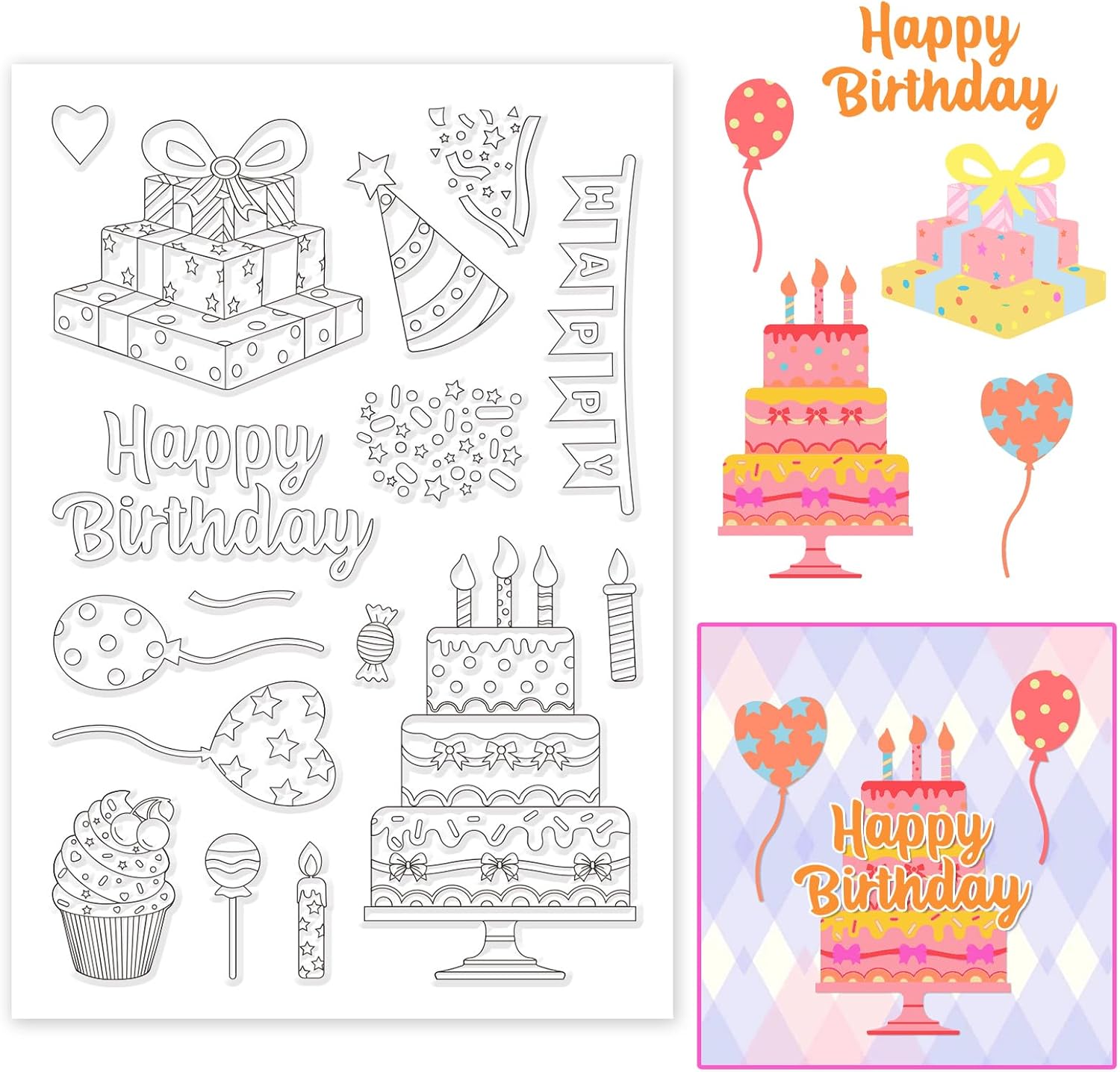 INFUNLY Happy Birthday Stamps Birthday Silicon Clear Stamp with Birthday Gift Cake