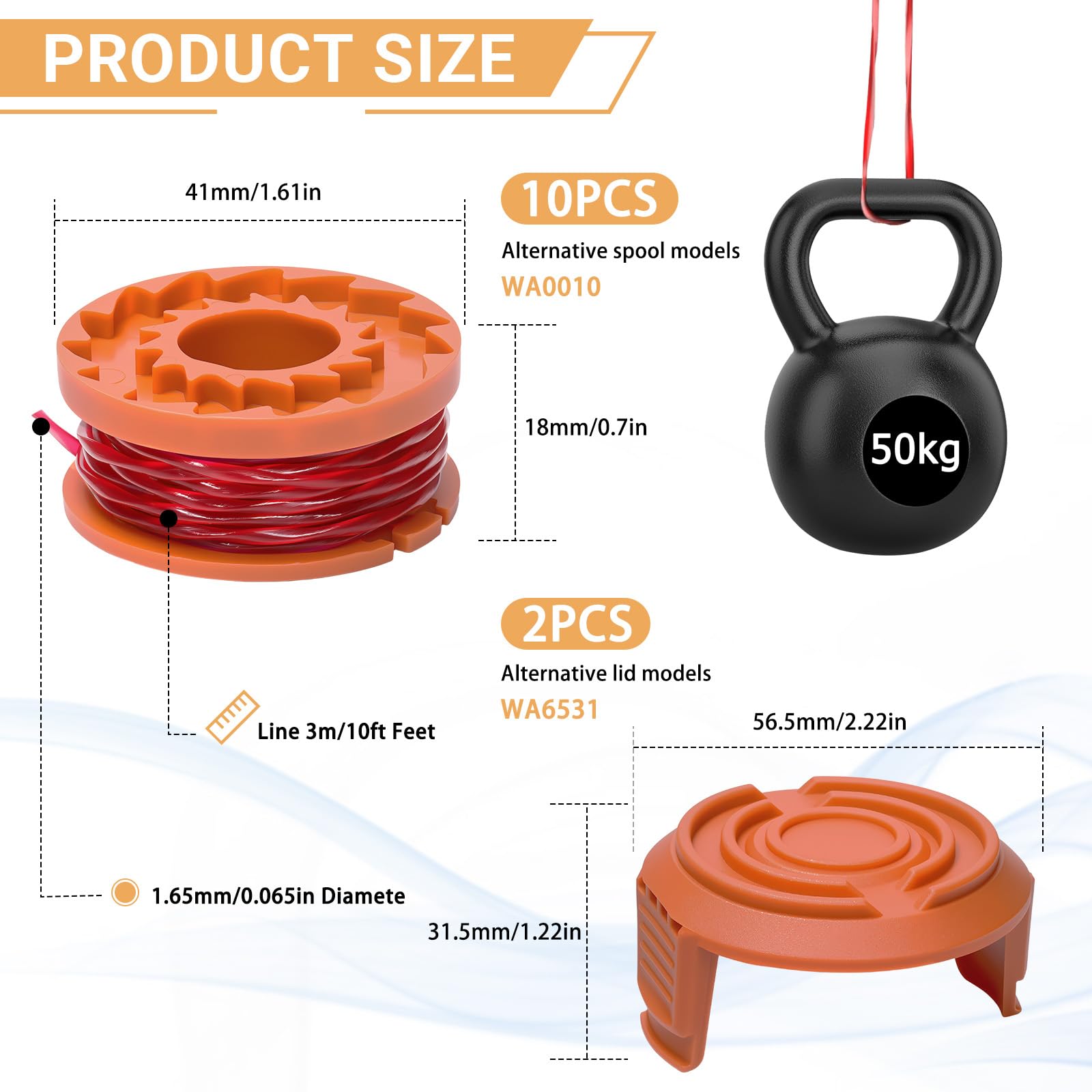 Gucass Zestaw 12 zapasowych szpul z żyłką do podkaszarki, kompatybilny ze wszystkimi podkaszarkami Worx 20 V, średnica 1,65 mm, 3 m, zawiera 10 opakowań żyłki do podkaszarki i 2 opakowania zaślepek