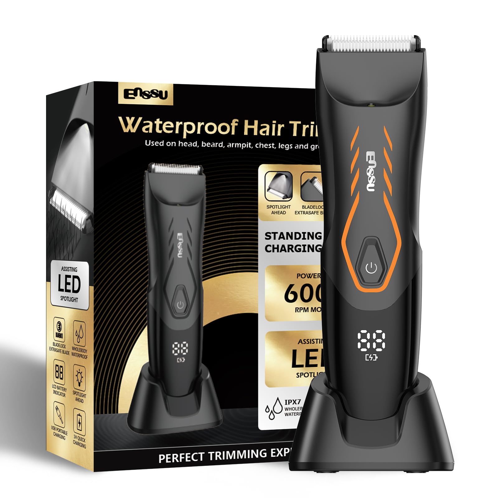 LEMULEGU Men Hair Removal Shavers,Electric Safe Blade Waterproof Groin Hair Trimmer Male Painless Wet Quiet Hygiene Razor with Standing Charging Dock Orange