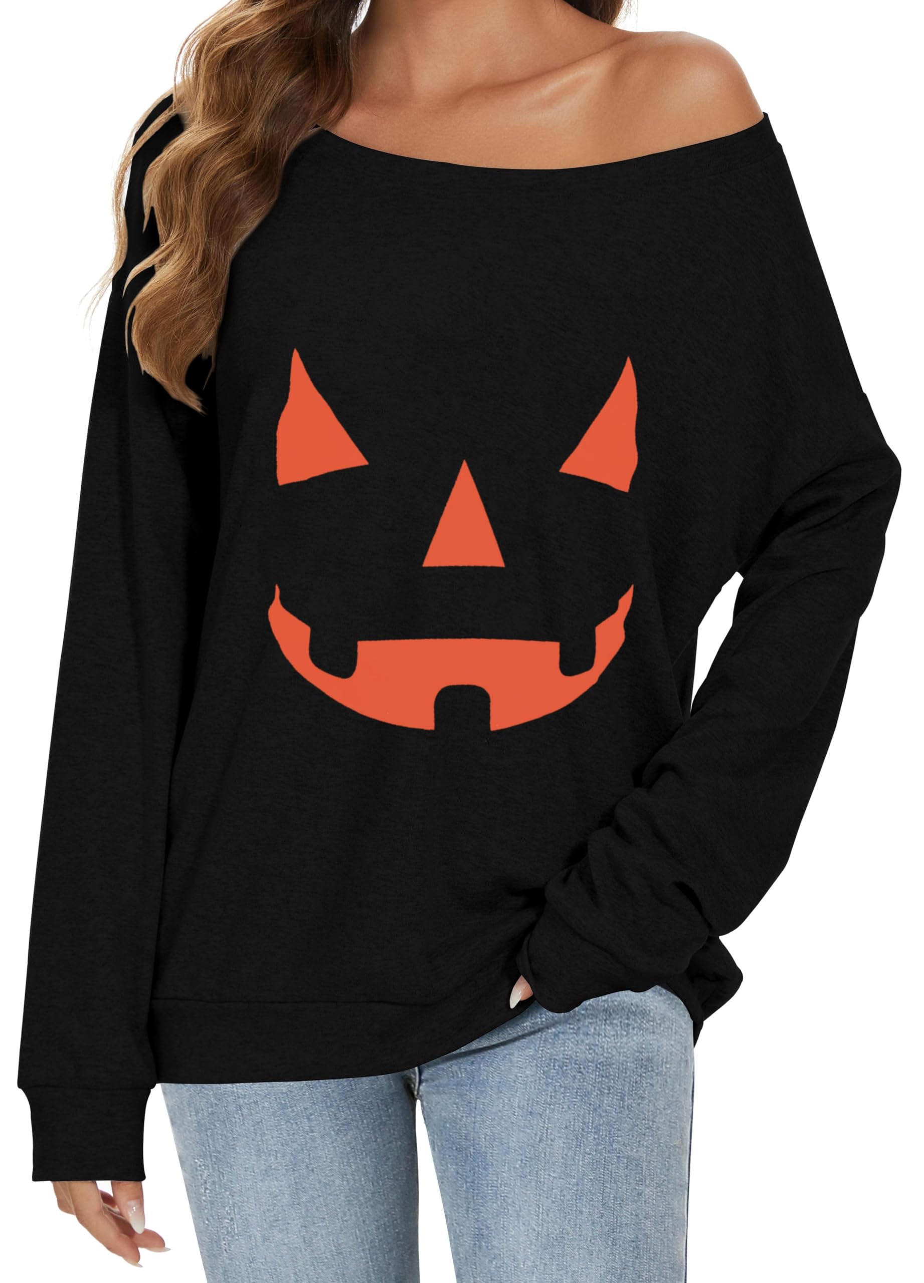 Gosunny Schulterfreies Oberteil Damen Langarm Pullover Lässige Sweatshirt Causal Elegant Bluse (Schwarzer Kürbis, 2XL)