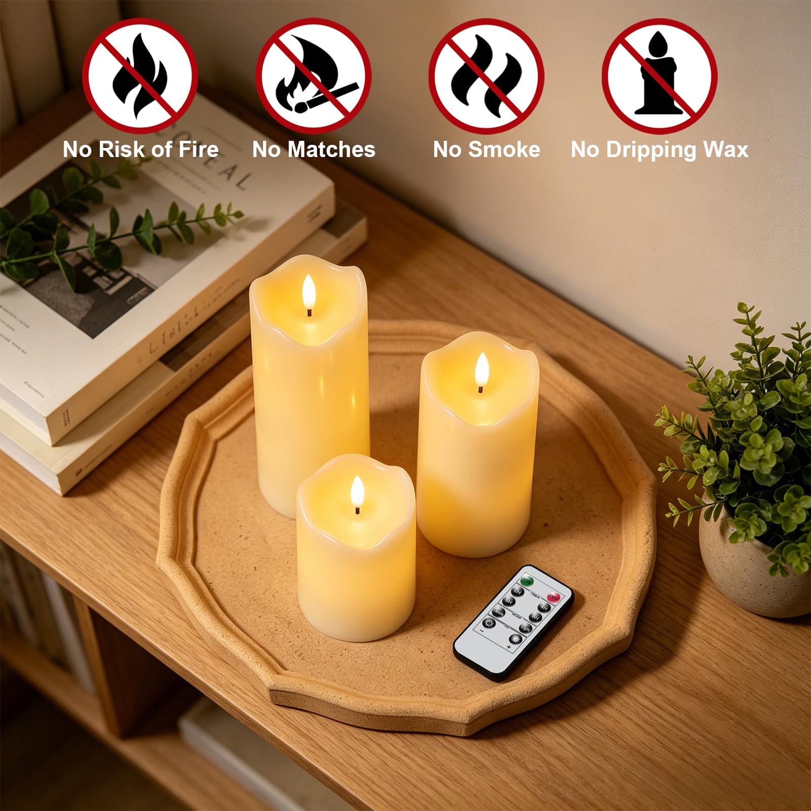 Eldnacele Candele cilindriche a pilastro senza fiamma a batteria, con telecomando a 10 tasti e timer, confezione da 3 candele a LED in vera cera, con stoppino tremolante, luce calda tremolante