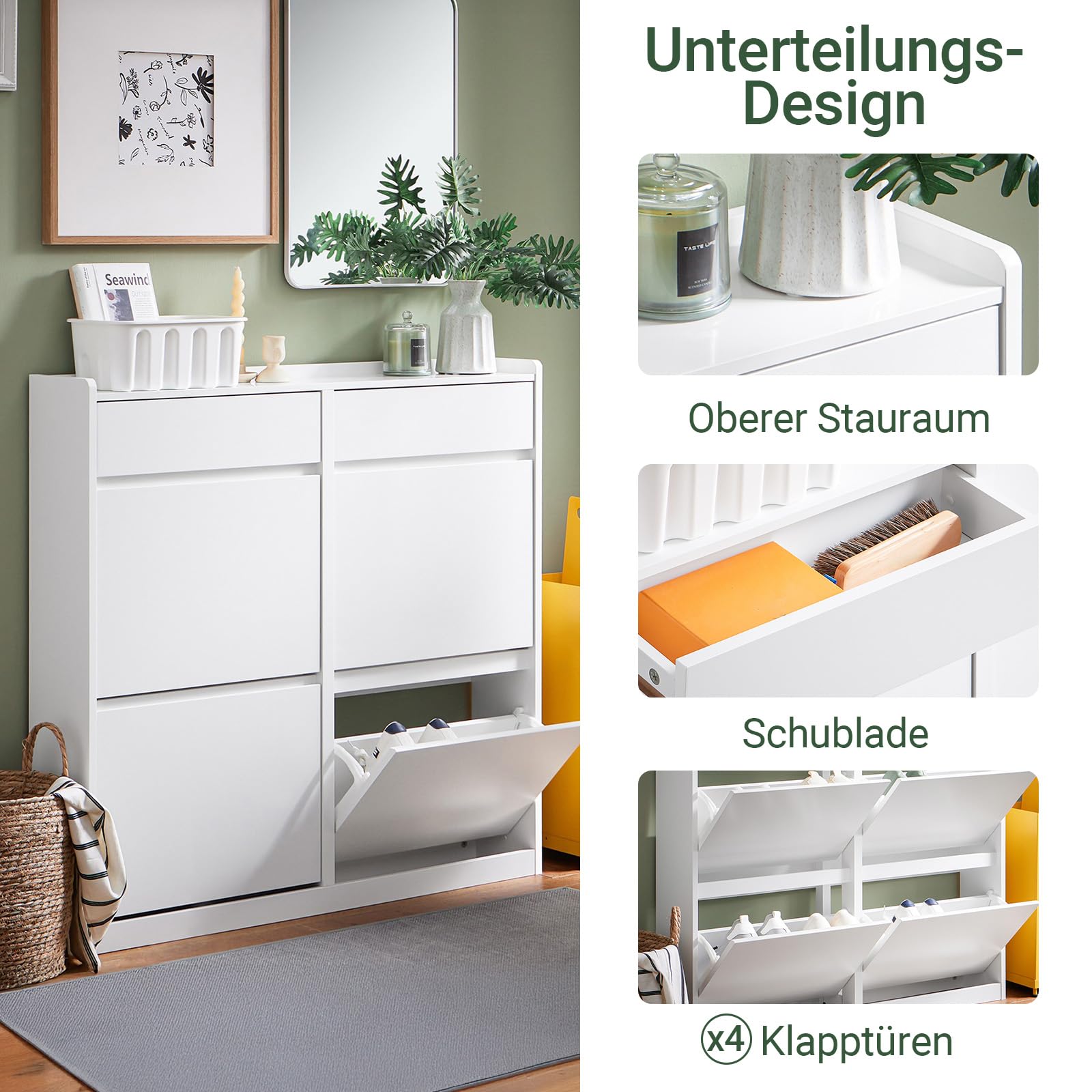 SoBuy Schuhkipper mit 4 Klappen Schuhablage Schuhschrank schmal Schuhregal mit 4 Ablageflächen Schuhkommode Weiß BHT ca. 98x95x19cm FSR169-W