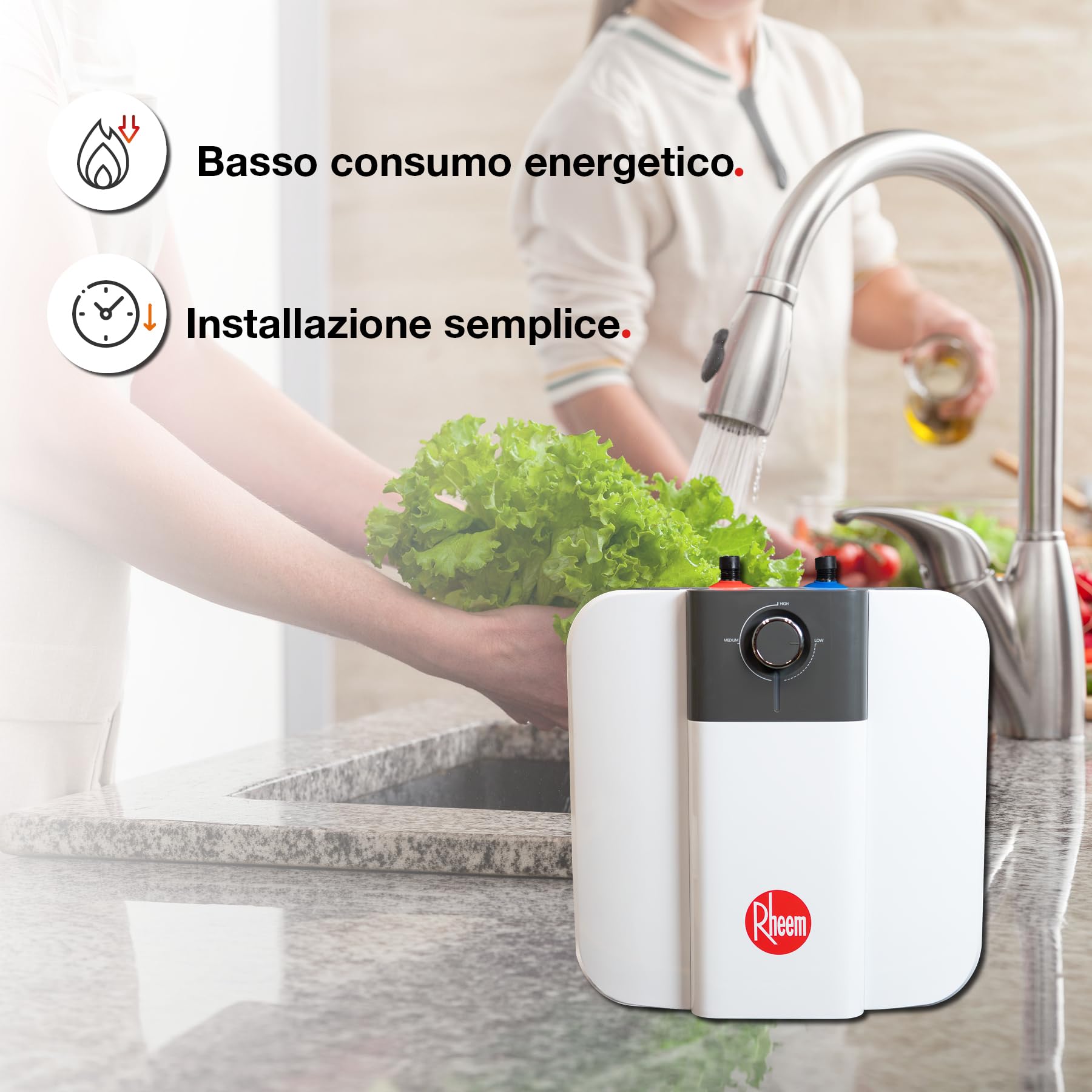 Rheem MiniTank Scaldabagno Elettrico 15L con Termostato Regolabile | Caldaia Elettrica a Risparmio Energetico - Serbatoio Smaltato Antiruggine - Installazione Facile con Staffa Inclusa