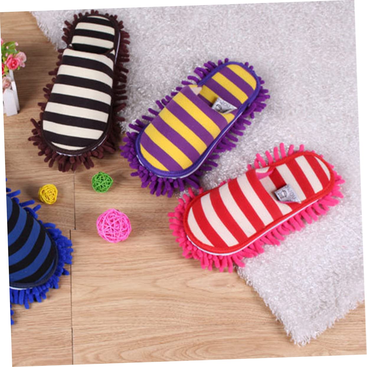 Beatifufu 1Pair Chenille Floor Cleaning Slippers Multi Function Mop Shoe Covers for Home Use Red for Tile Vinyl Floors for Lazy Cleaning
