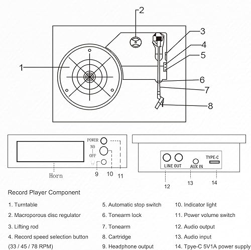 Miniatura 8 de Tocadiscos de vinilo, 3 velocidades Bluetooth portátil con altavoces integrados, auriculares, entrada AUX, reproductor de vinilo de línea RCA para