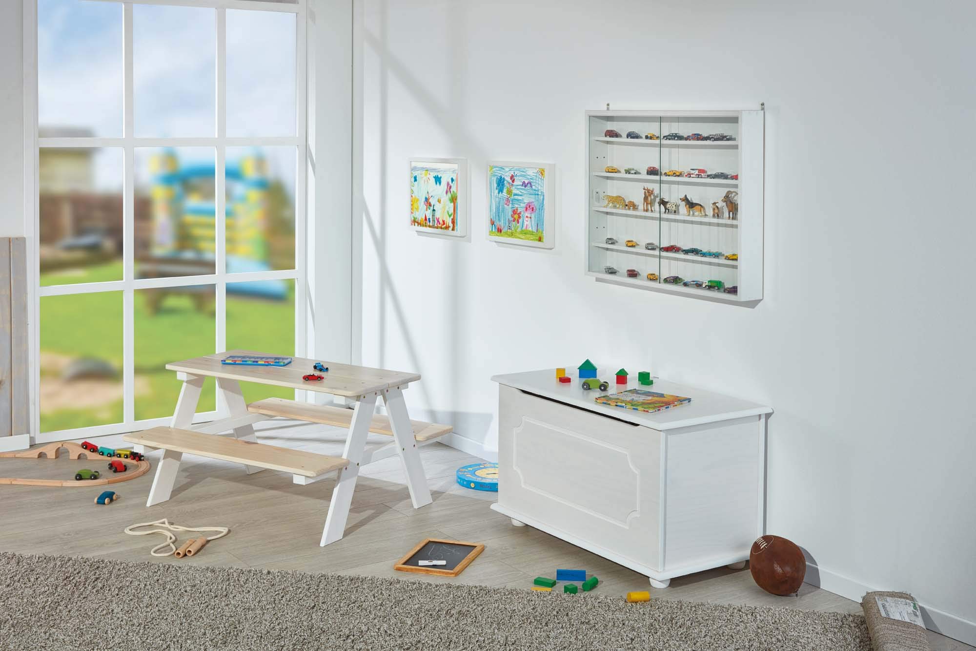 Inter Link - Spielzeugtruhe – Spielzeugkiste – Sitztruhe – Aufbewahrungstruhe – Containerbank - Kinderzimmer – Sitzbank mit Stauraum - Kiefer massivholz – Weiß lackiert – Emel