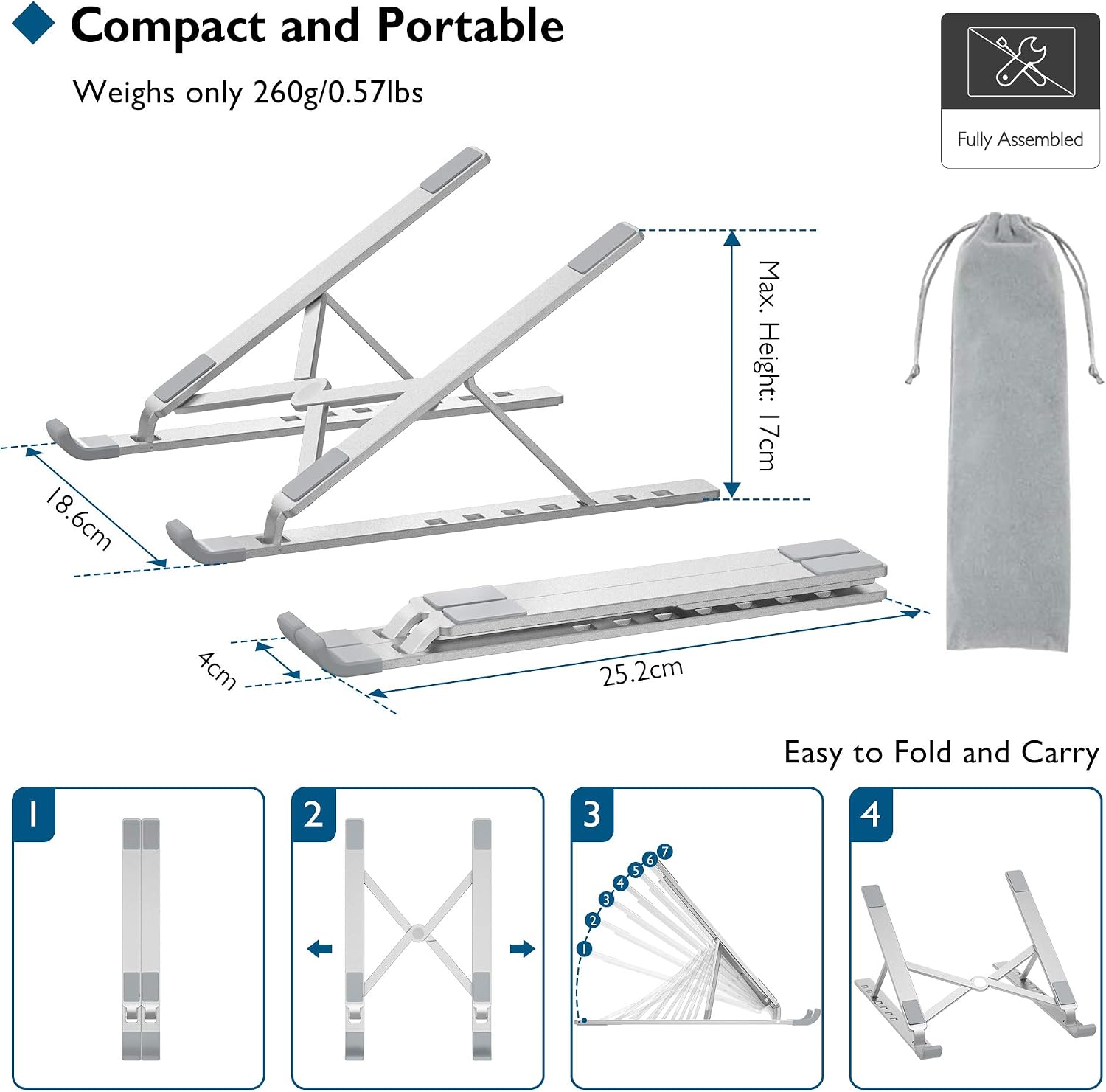 BONTEC Laptop Stand, Adjustable Laptop Stand Riser Suitable for 10-17.3" Laptops, Portable Ergonomic Notebook Desk Holder with Ventilated Tray. Silver