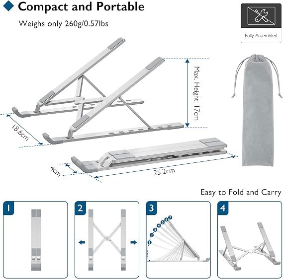 BONTEC Portable Laptop Stands for 10-17.3 inch Laptops Tablet, 7 Levels Height Adjustment Aluminum Laptop Computer Riser, Ventilated Cooling Desktop Laptop Holder Supports up to 20KG