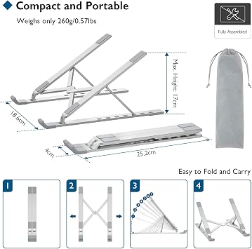 BONTEC Portable Laptop Stands for 10-17.3 inch Laptops Tablet, 7 Levels Height Adjustment Aluminum Laptop Computer Riser, Ventilated Cooling Desktop Laptop Holder Supports up to 20KG