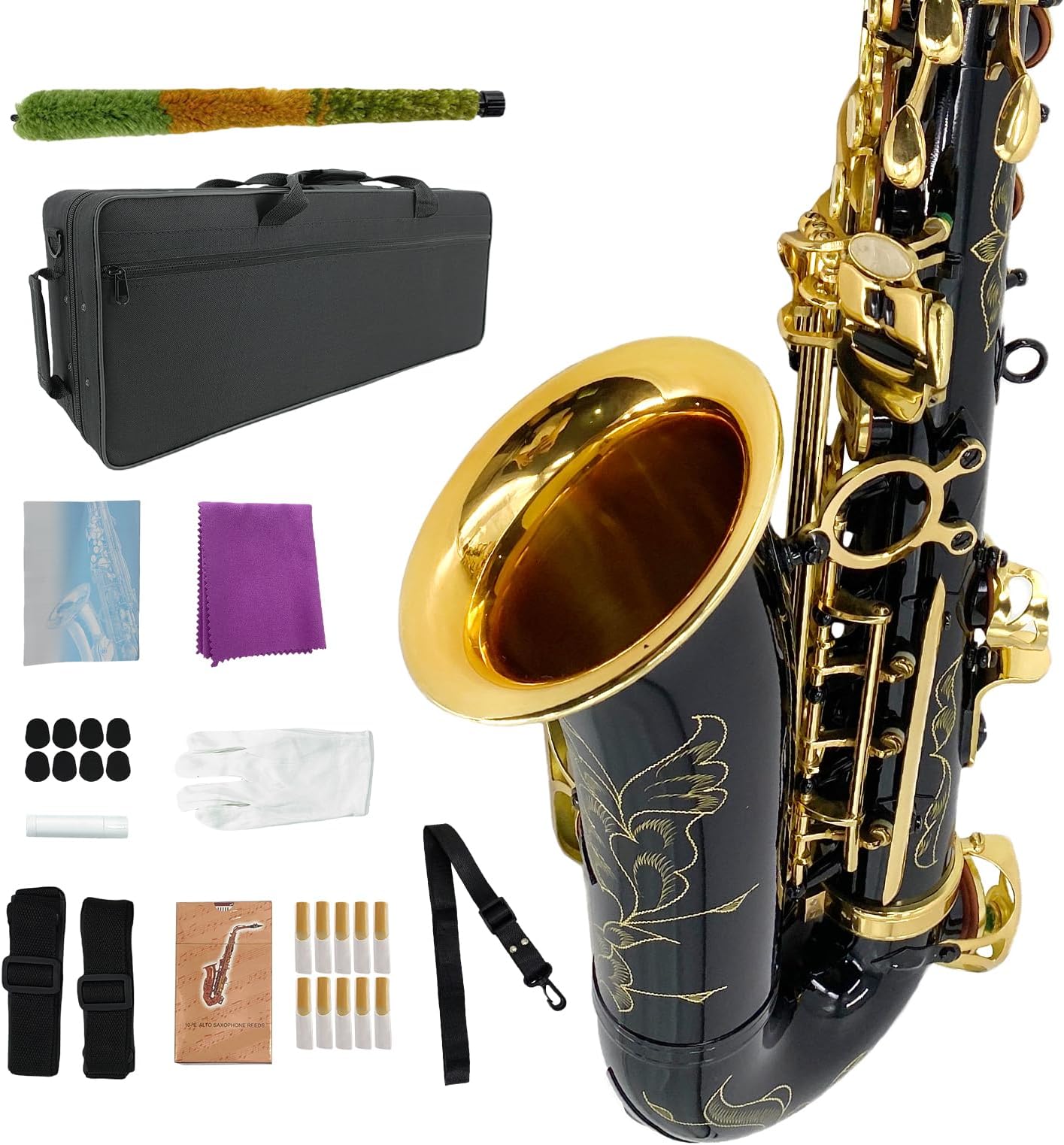Student Eb Alto Saxophone E Flat for Beginners Sax Full Kit with Pads Cushions,Hard Carrying Case,Neck Strap,Reeds,Cleaning Cloth & Rod,Mouthpiece,Gloves