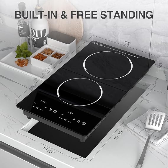 Double Induction Cooktop, 2 Burners Induction Cooktop 110v, 12 inch Portable Electric Stove Top, Countertop and Built-in Induction Cooktops Plug in,9 Power Levels, Child Lock,120 Mins Timer