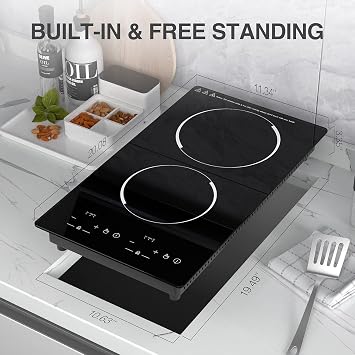 Double Induction Cooktop, 2 Burners Induction Cooktop 110v, 12 inch Portable Electric Stove Top, Countertop and Built-in Induction Cooktops Plug in,9 Power Levels, Child Lock,120 Mins Timer