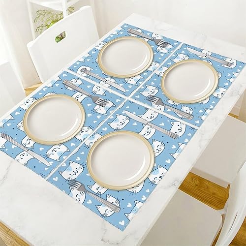 Miniatura 5 de Cute Light Blue Cat Placemats Set of 6 Resistant Table Mats Washable Place Mats for Dinner Party Table Decoration